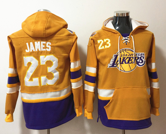 Men's Yellow Los Angeles Lakers #23 Lebron James Lace-Up Pullover Hoodie